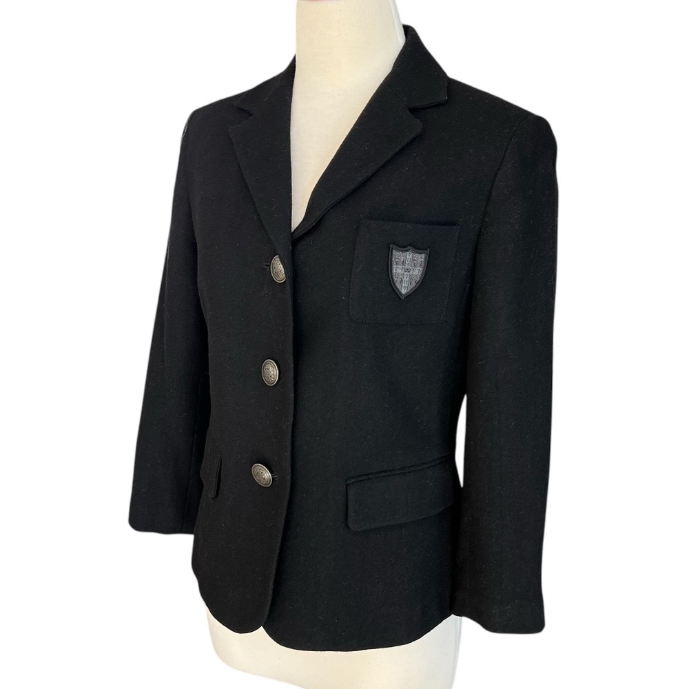 Banana Republic Crested Wool Blazer Jacket Womens 8 Black Preppy Academia